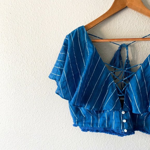 Revolve Tularosa Zoey top In Indigo crop top metallic silver striped tied boho L - Picture 8 of 9